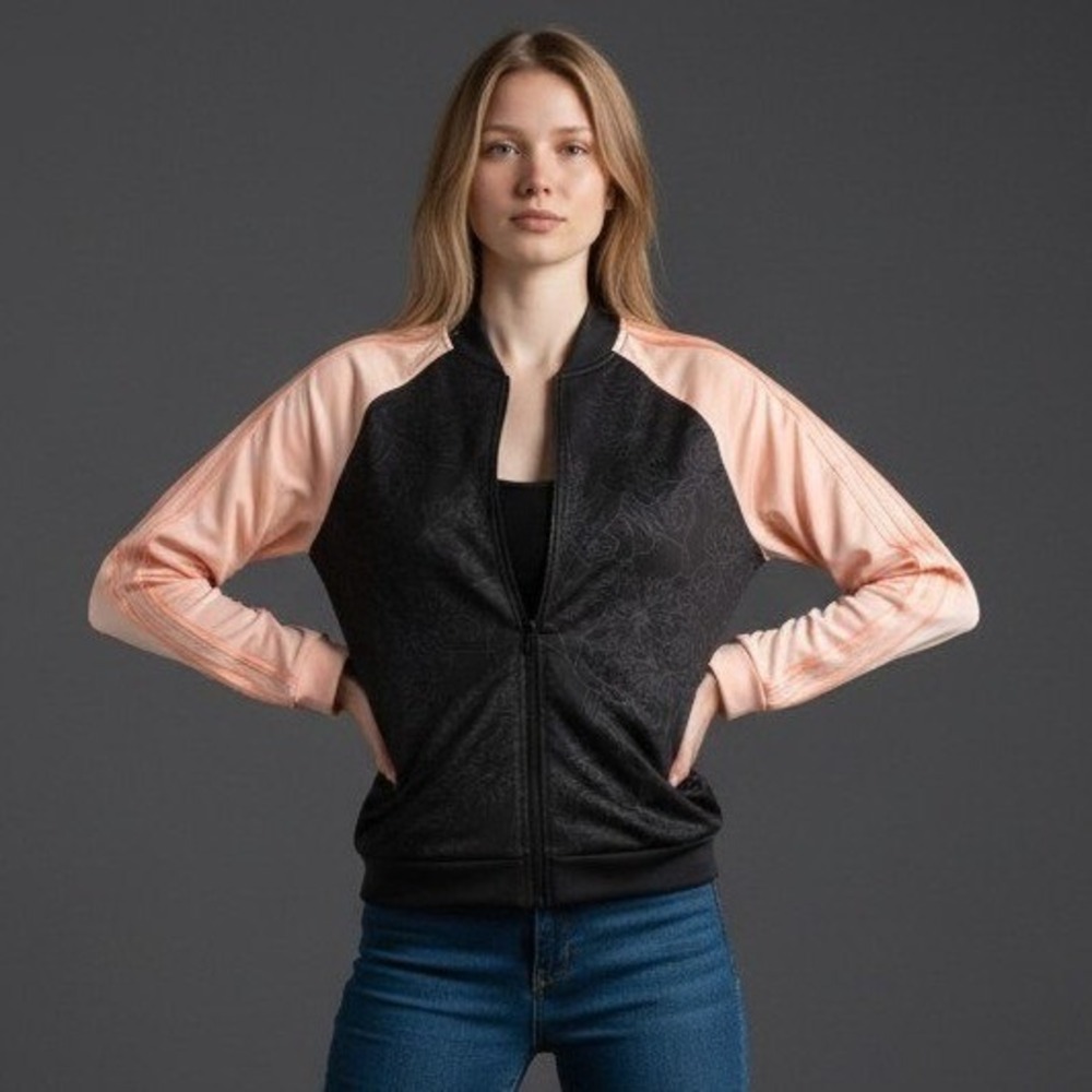 Adidas Womens Floral Track Jacket Black Peach Full Zip Bomber XL DP2407